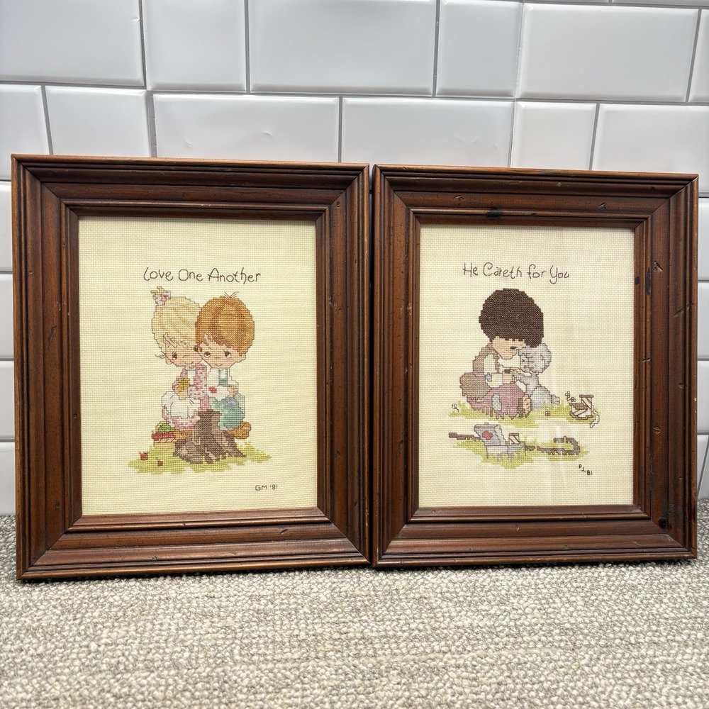 Precious Moments Cross Stitch Framed VTG Christian Pictures W Sayings 1981 Nice